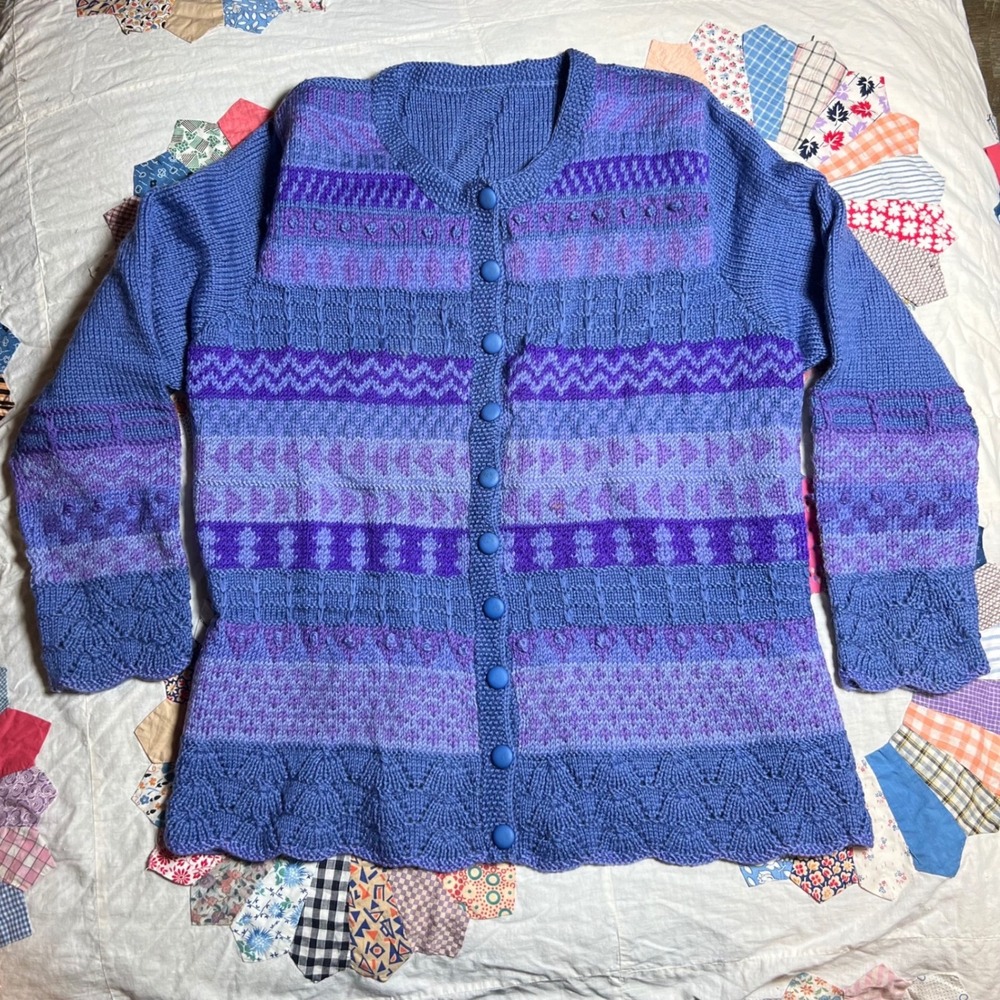 Handmade Blue Purple Knit Cardigan Sweater Scalloped Hem Artisan Women XL